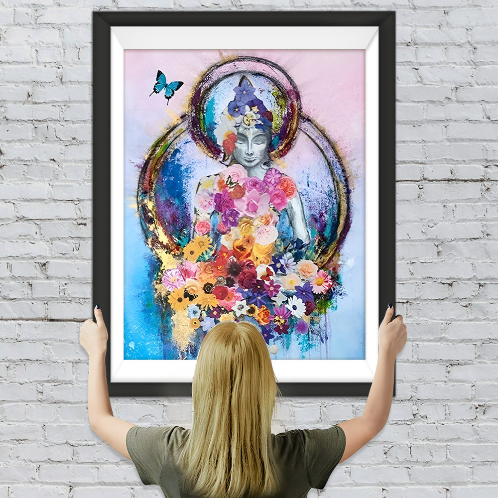 Buddha-Statue, umgeben von Blumen Diamond Painting