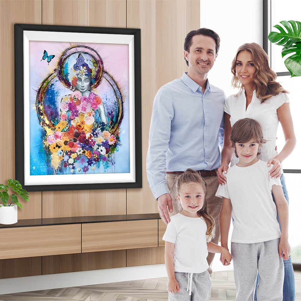 Buddha-Statue, umgeben von Blumen Diamond Painting