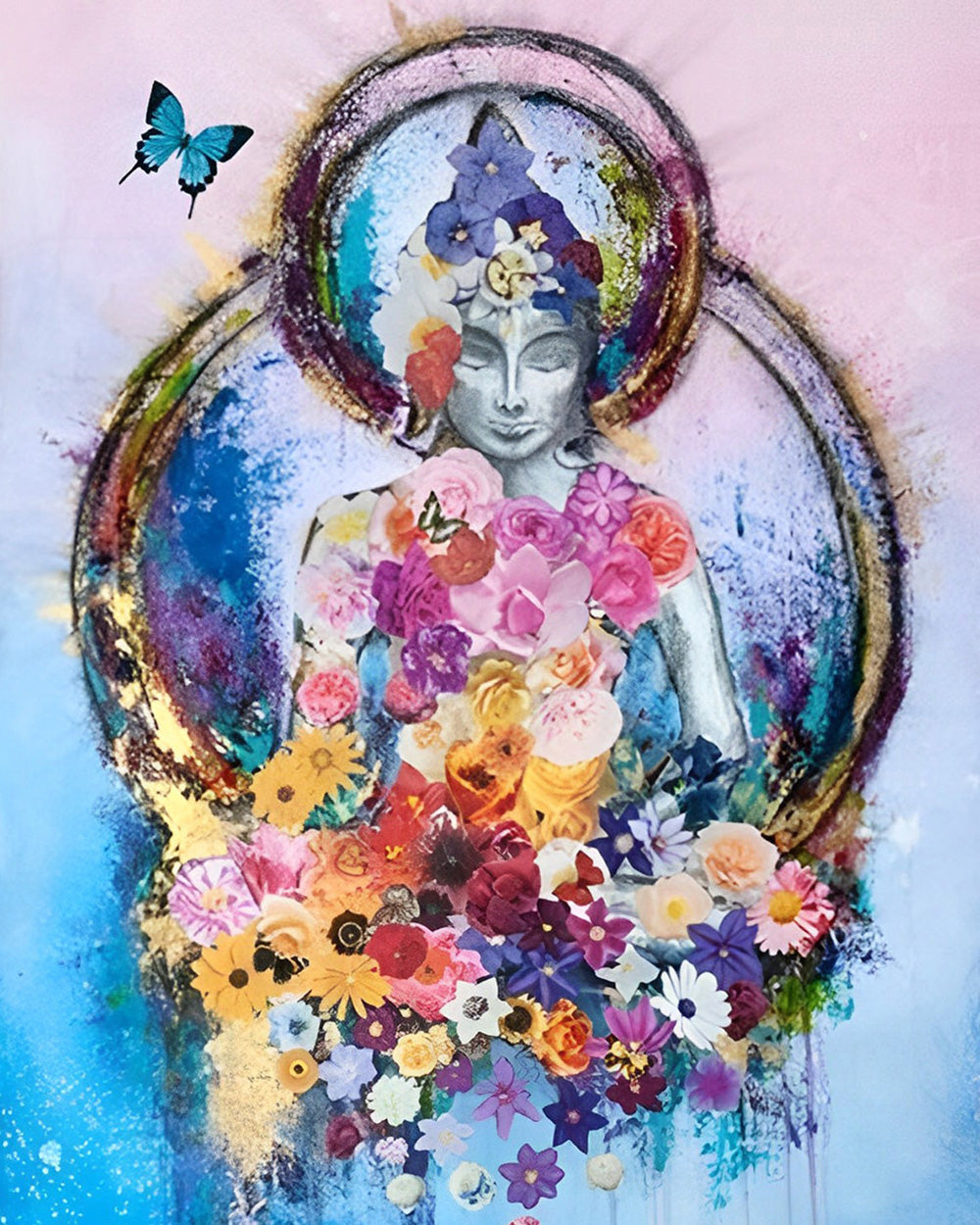 Buddha-Statue, umgeben von Blumen Diamond Painting