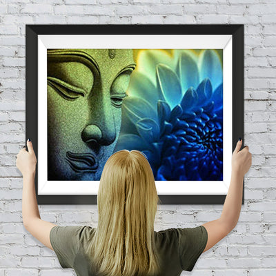 Buddhas Kopf und blaue Chrysantheme Diamond Painting