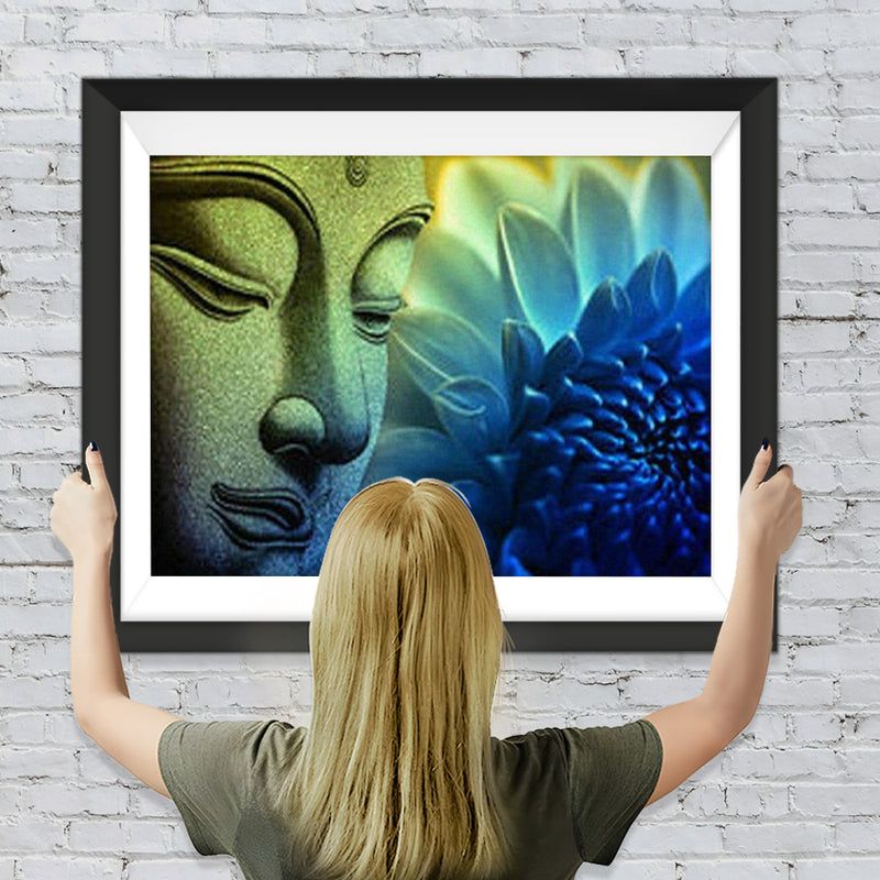 Buddhas Kopf und blaue Chrysantheme Diamond Painting