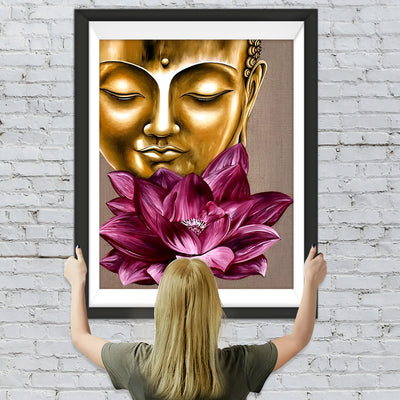 Buddhas Kopf und lila Lotus Diamond Painting