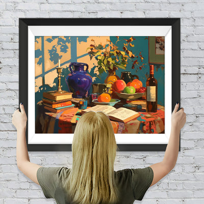 Bücher und Früchte auf dem Tisch Diamond Painting