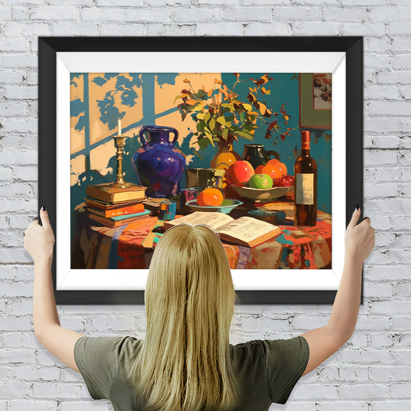 Bücher und Früchte auf dem Tisch Diamond Painting