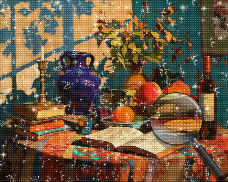 Bücher und Früchte auf dem Tisch Diamond Painting