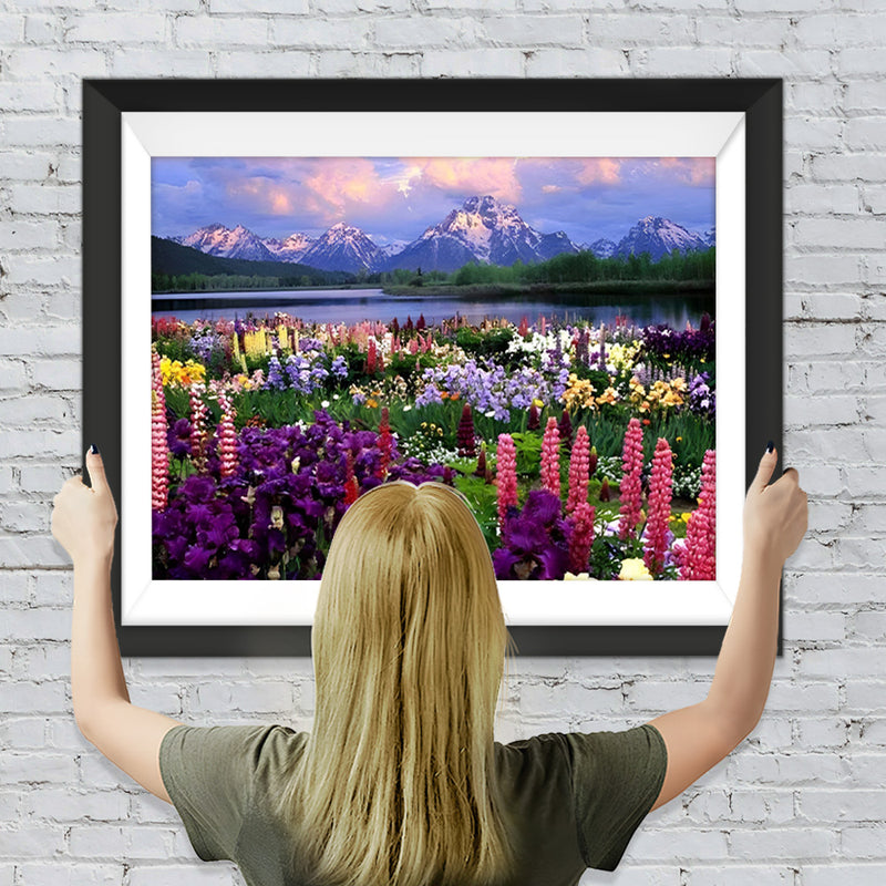 Bunte Blumen und Berge Diamond Painting