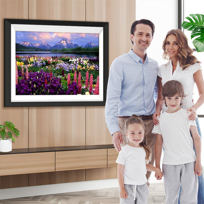 Bunte Blumen und Berge Diamond Painting