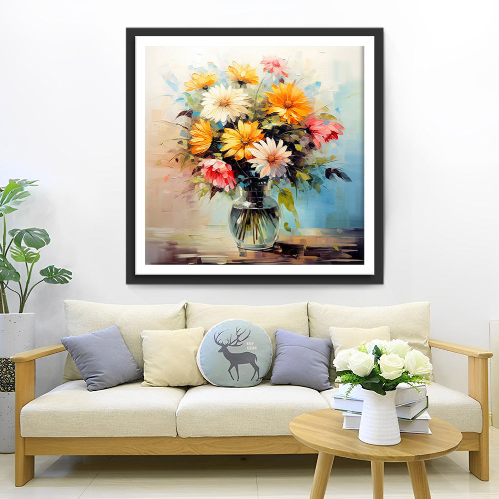 Bunte Chrysanthemen in Glasvase Diamond Painting