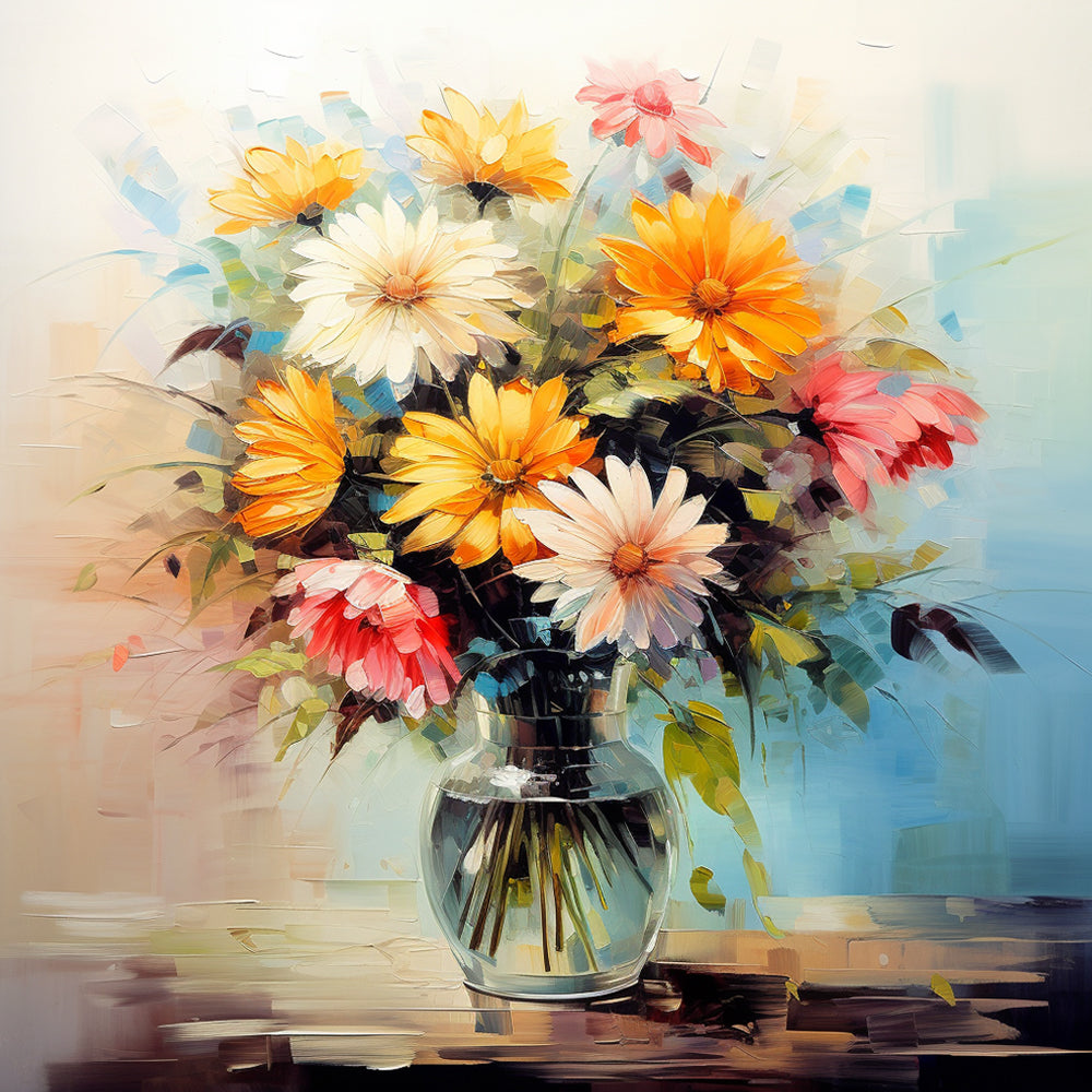 Bunte Chrysanthemen in Glasvase Diamond Painting