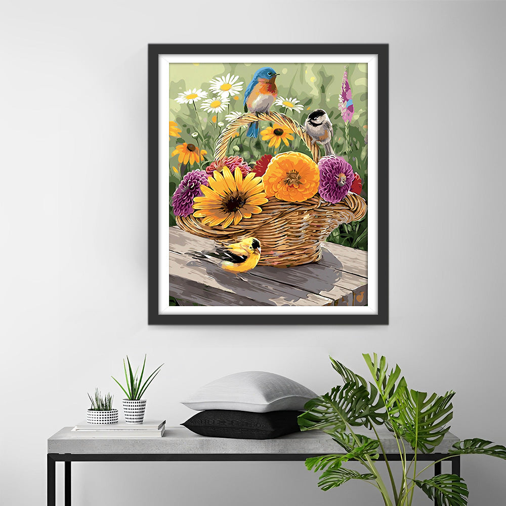 Bunte Chrysanthemen und Vögel im Korb Diamond Painting
