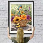 Bunte Chrysanthemen und Vögel im Korb Diamond Painting