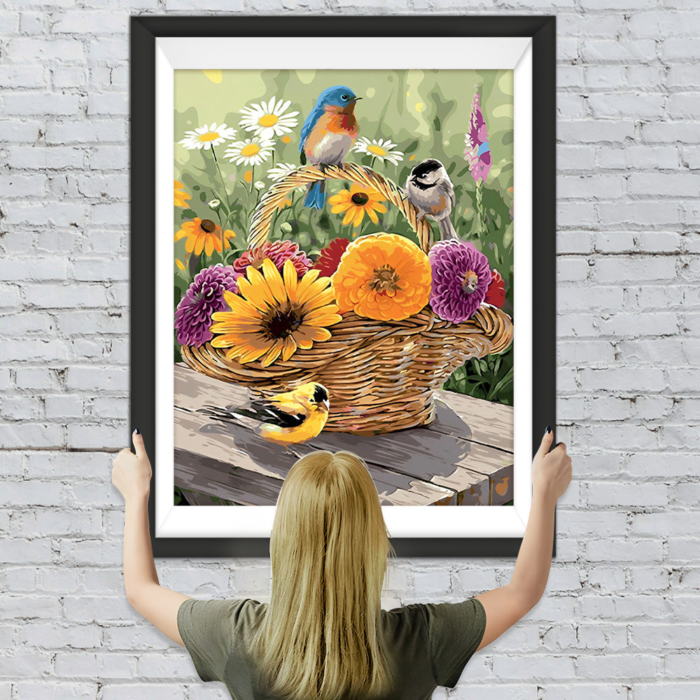 Bunte Chrysanthemen und Vögel im Korb Diamond Painting