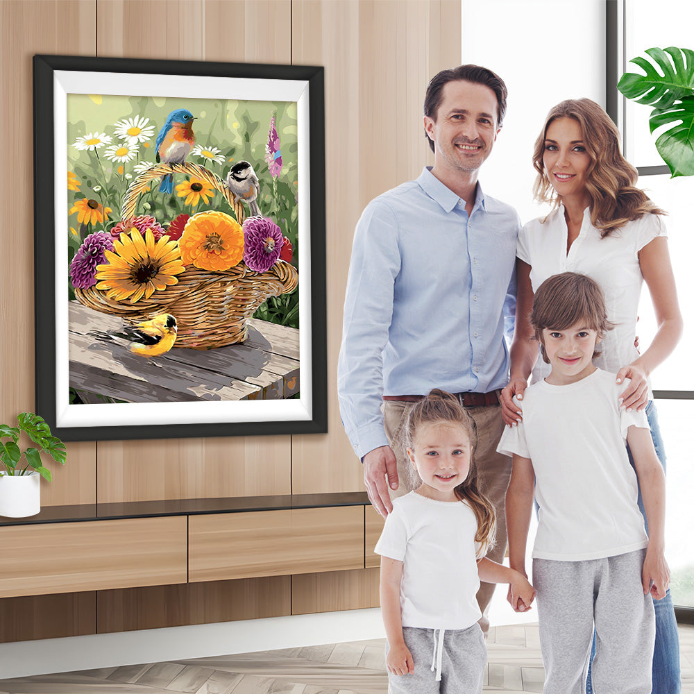 Bunte Chrysanthemen und Vögel im Korb Diamond Painting