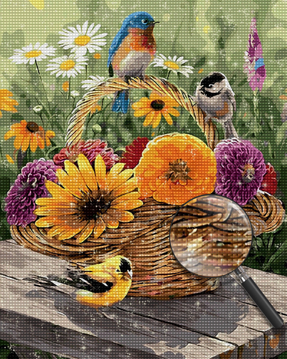 Bunte Chrysanthemen und Vögel im Korb Diamond Painting