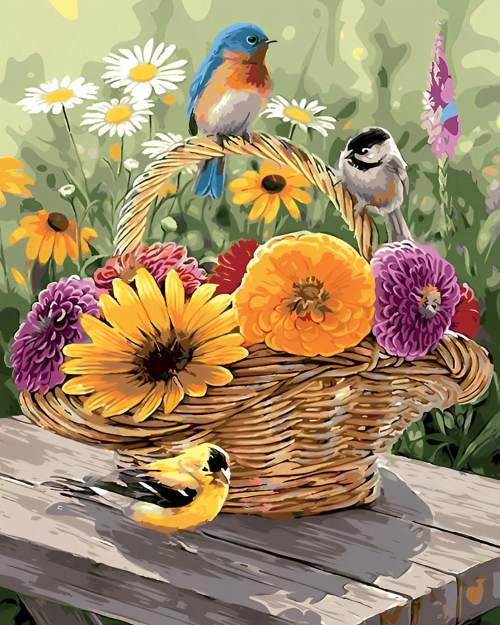 Bunte Chrysanthemen und Vögel im Korb Diamond Painting