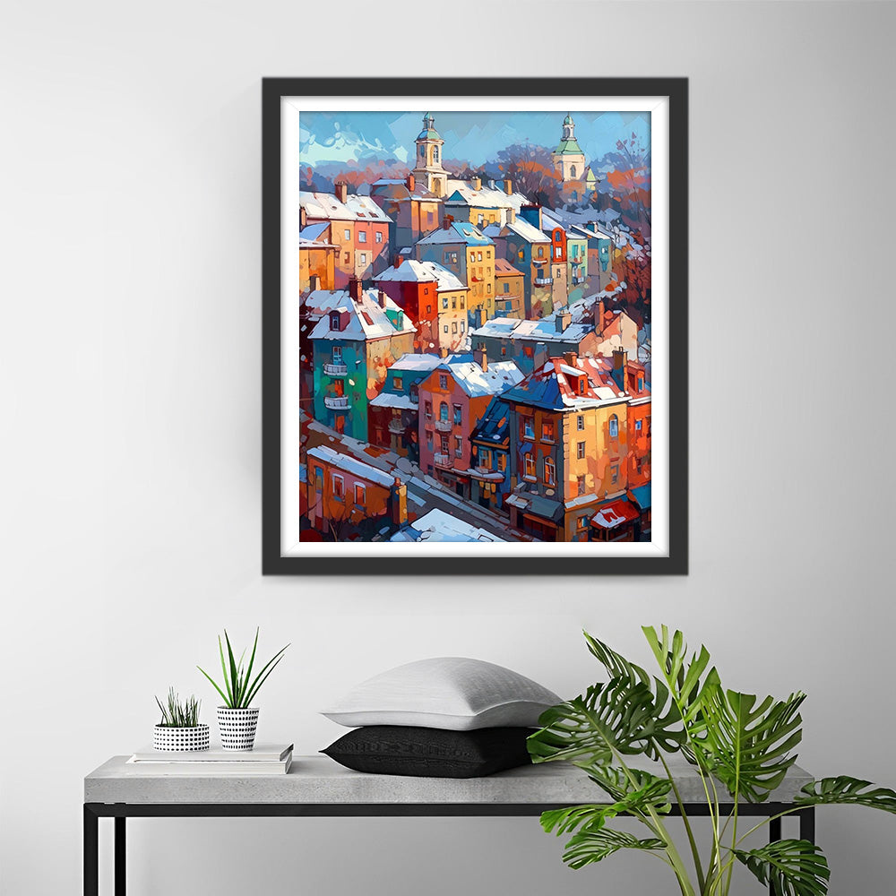 Bunte Gebäude im Schnee Diamond Painting