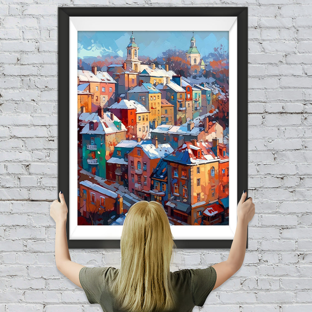 Bunte Gebäude im Schnee Diamond Painting