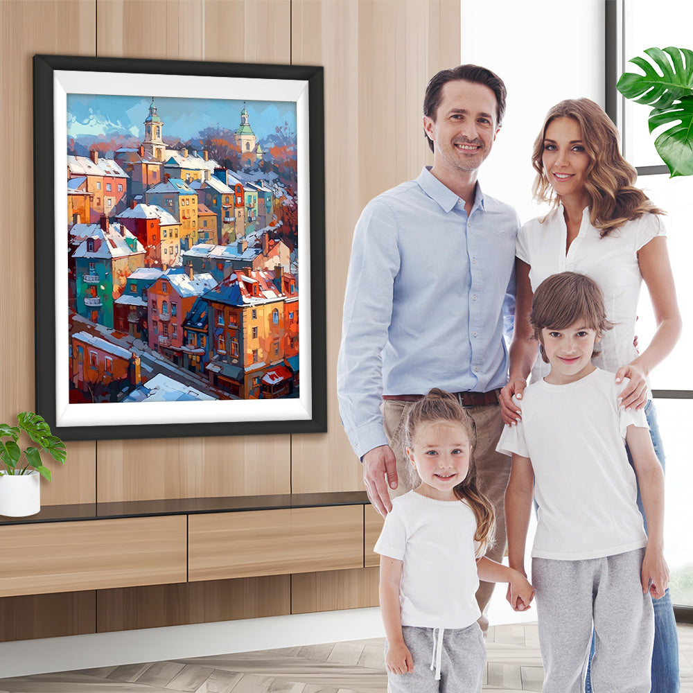 Bunte Gebäude im Schnee Diamond Painting