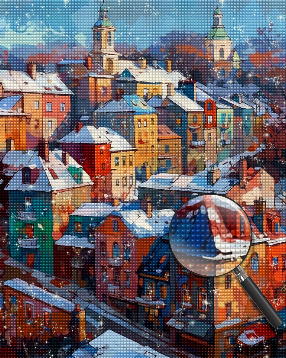 Bunte Gebäude im Schnee Diamond Painting