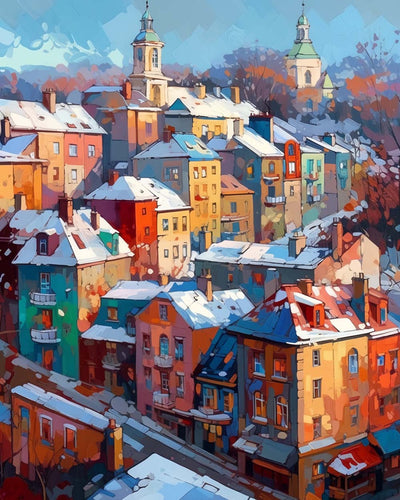 Bunte Gebäude im Schnee Diamond Painting