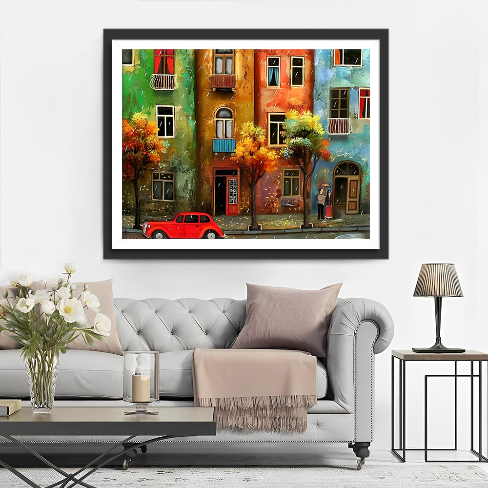 Bunte Gebäude und rotes Auto Diamond Painting