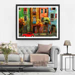 Bunte Gebäude und rotes Auto Diamond Painting