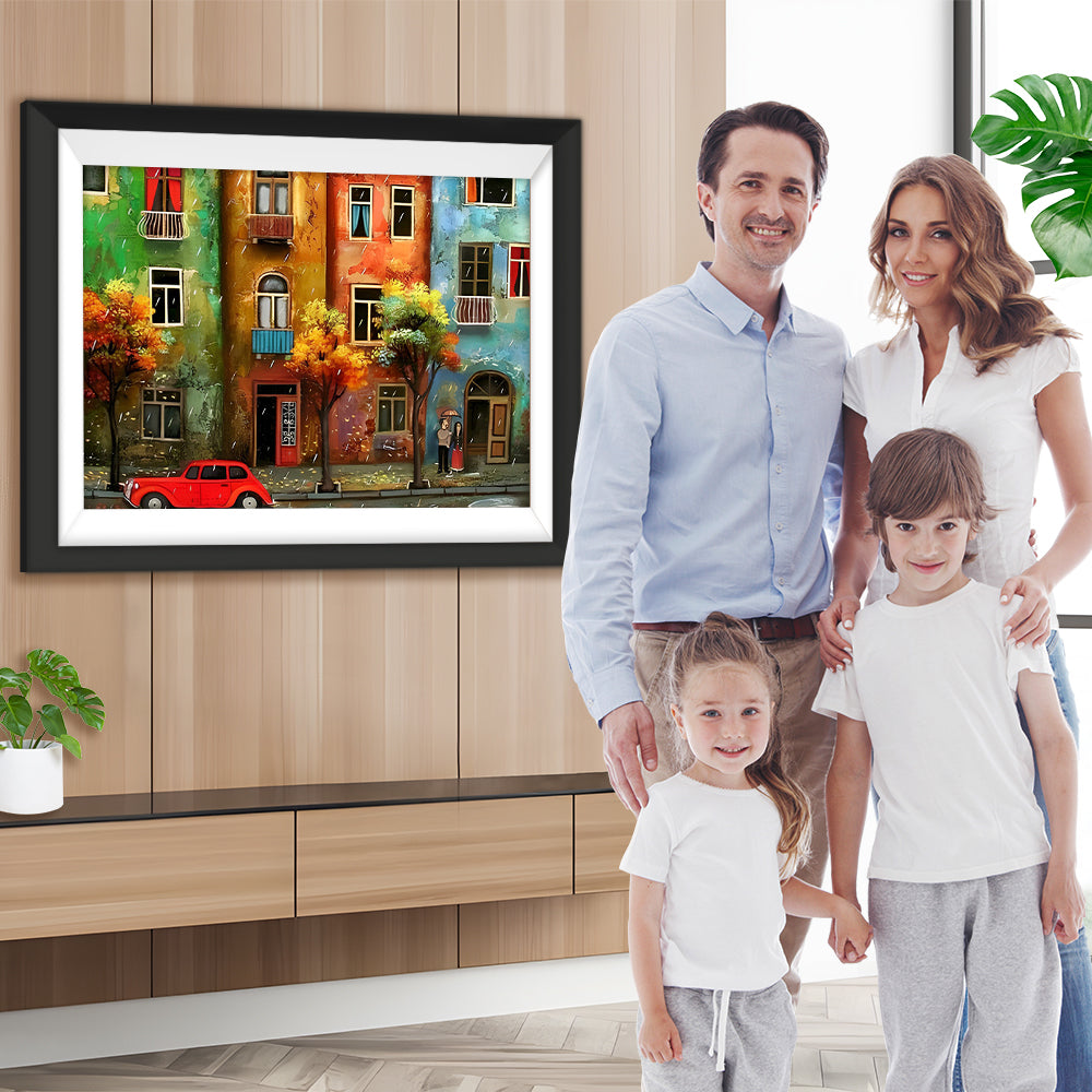 Bunte Gebäude und rotes Auto Diamond Painting