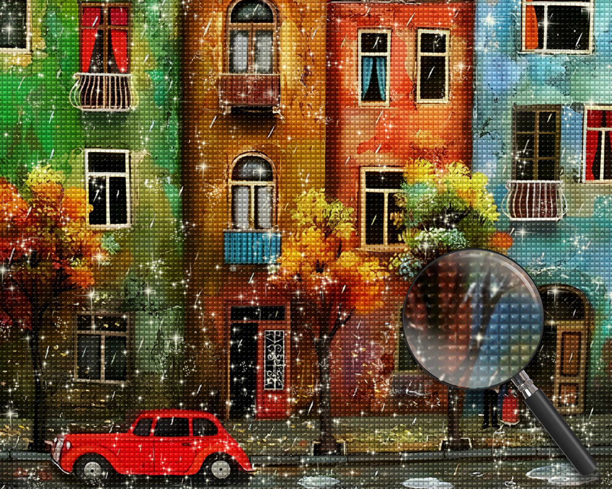 Bunte Gebäude und rotes Auto Diamond Painting
