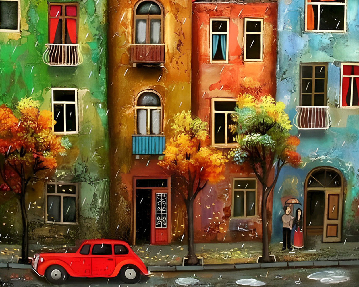 Bunte Gebäude und rotes Auto Diamond Painting