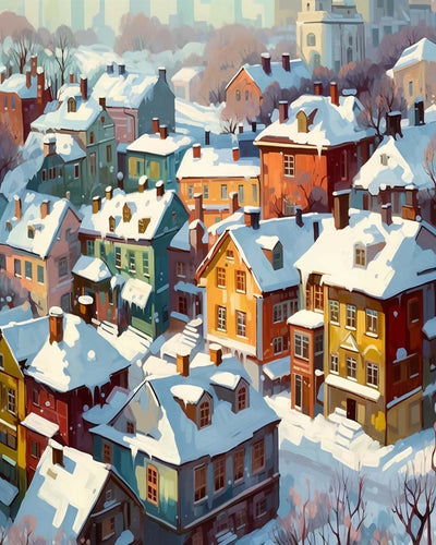 Bunte Häuser mit Schnee bedeckt Diamond Painting