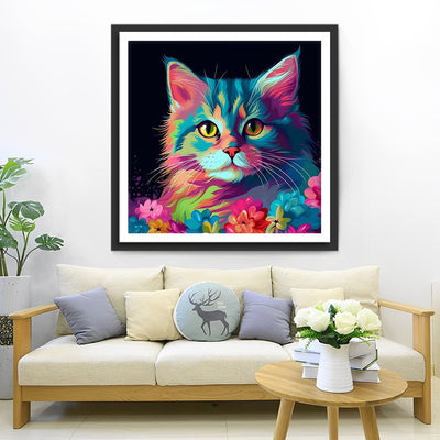 Bunte Katze und Blumen im Dunkeln Diamond Painting