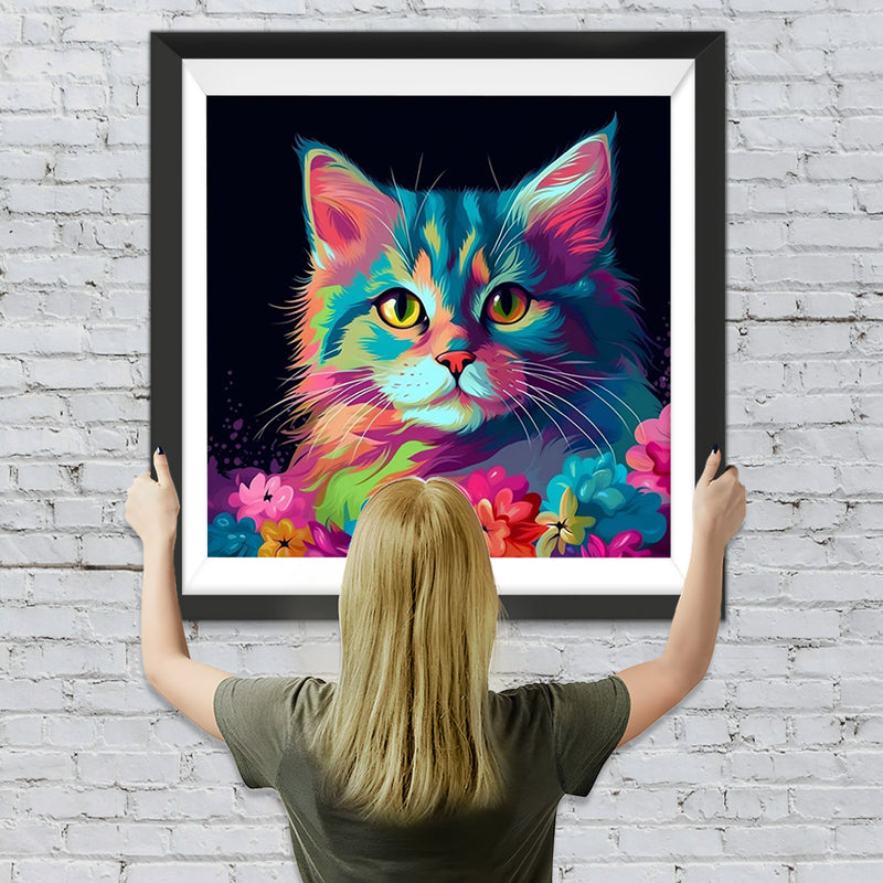 Bunte Katze und Blumen im Dunkeln Diamond Painting
