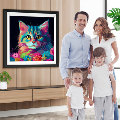 Bunte Katze und Blumen im Dunkeln Diamond Painting