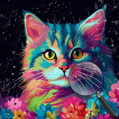 Bunte Katze und Blumen im Dunkeln Diamond Painting