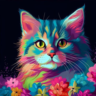 Bunte Katze und Blumen im Dunkeln Diamond Painting