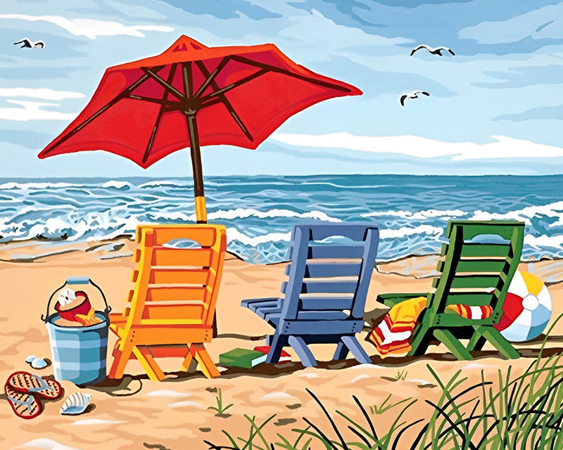 Bunte Liegestühle auf dem Strand Diamond Painting