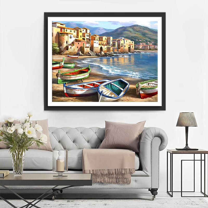 Bunte Meeresboote am Strand Diamond Painting