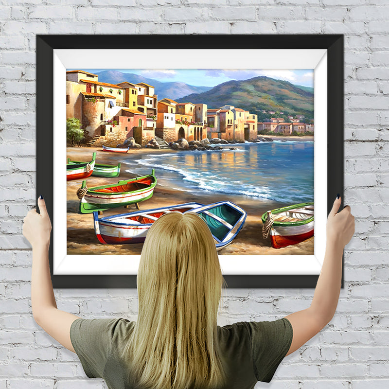 Bunte Meeresboote am Strand Diamond Painting