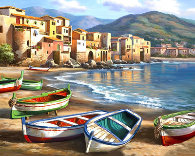 Bunte Meeresboote am Strand Diamond Painting