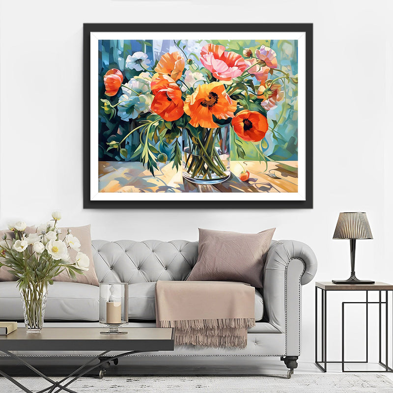 Bunte Mohnblumen in Glasvase Diamond Painting