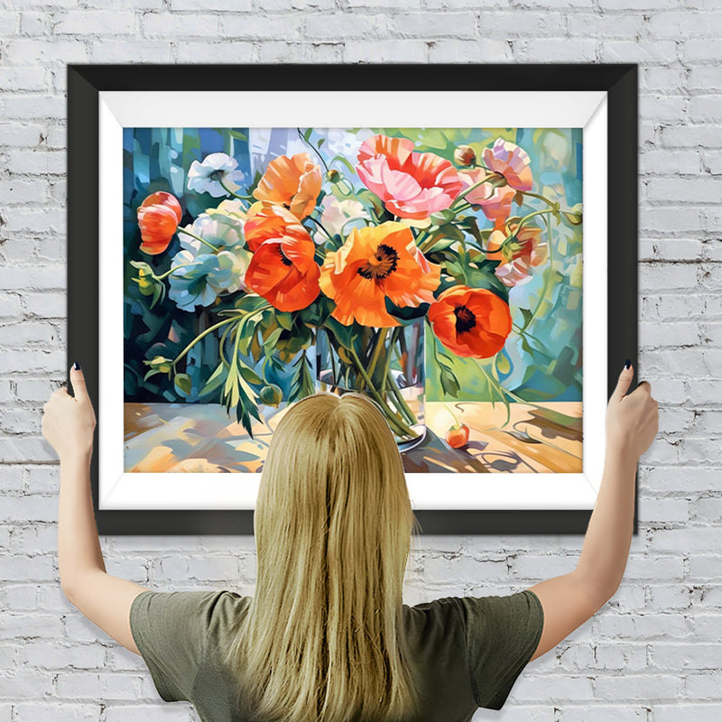 Bunte Mohnblumen in Glasvase Diamond Painting