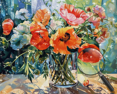 Bunte Mohnblumen in Glasvase Diamond Painting