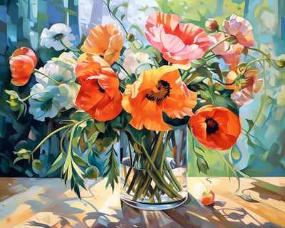 Bunte Mohnblumen in Glasvase Diamond Painting