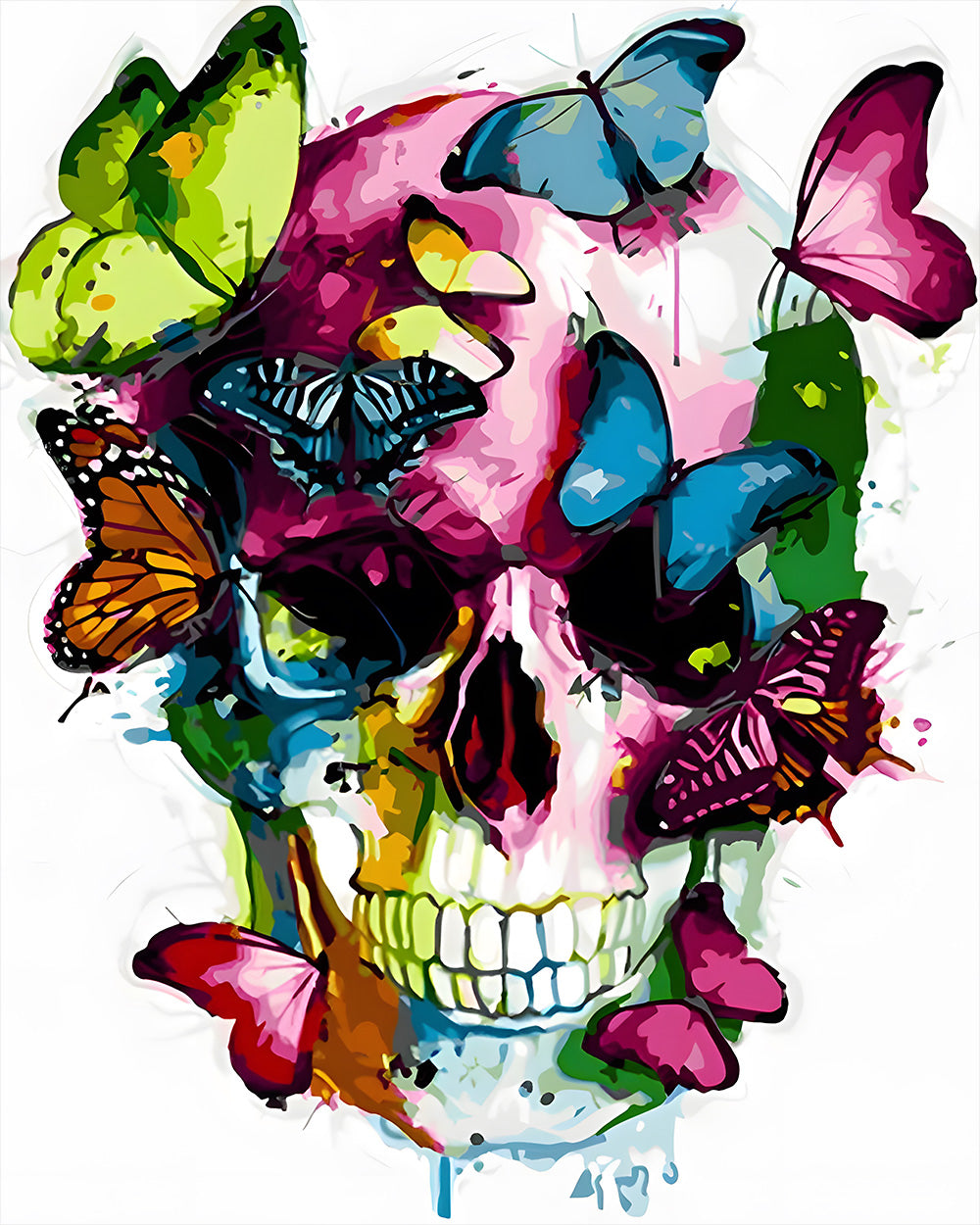 Bunte Schmetterlinge auf dem Schädel Diamond Painting