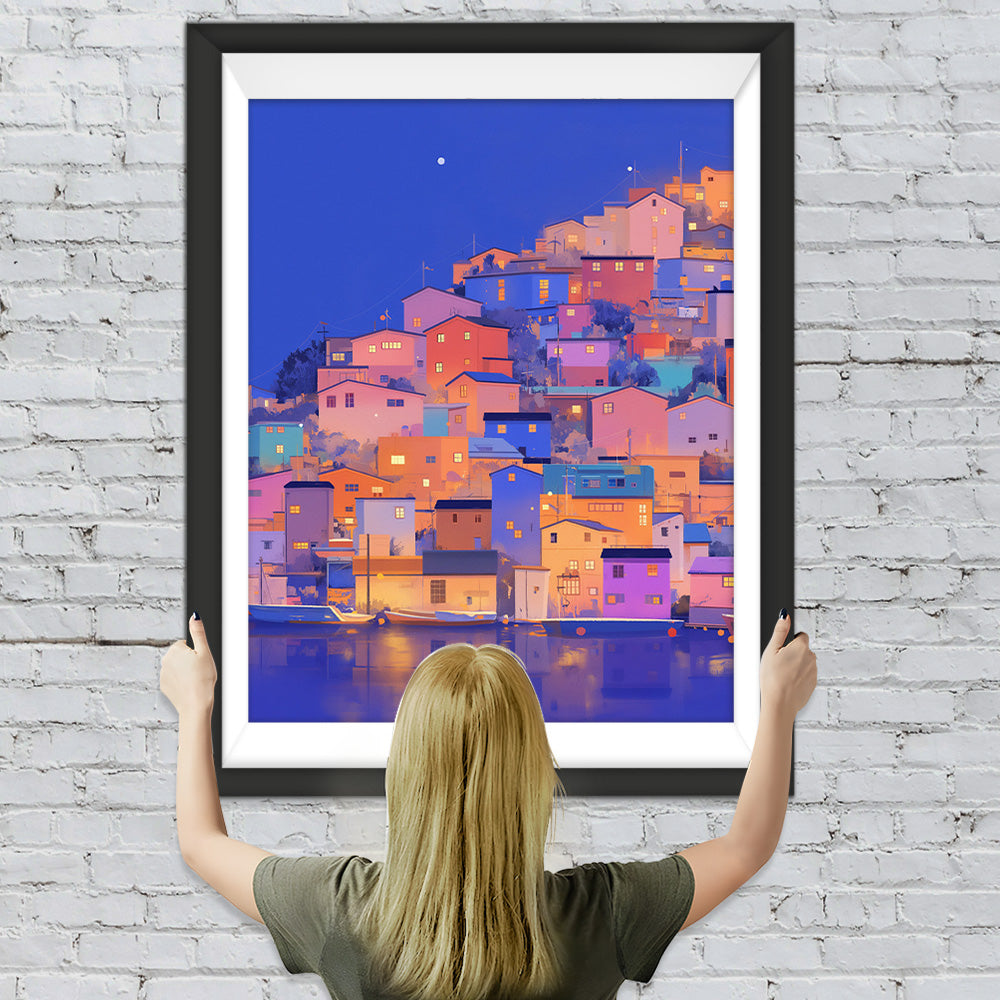 Bunte Stadt am Meer bei Nacht Diamond Painting