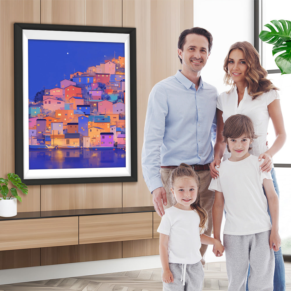 Bunte Stadt am Meer bei Nacht Diamond Painting