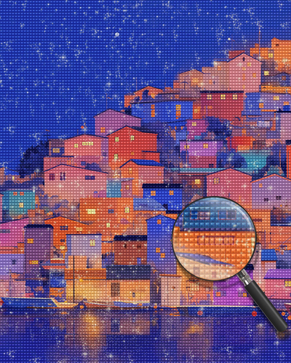 Bunte Stadt am Meer bei Nacht Diamond Painting