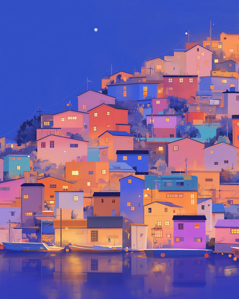 Bunte Stadt am Meer bei Nacht Diamond Painting