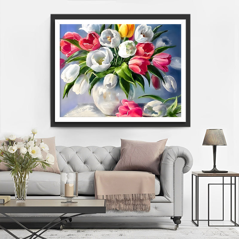 Bunte Tulpen in weißer Vase Diamond Painting