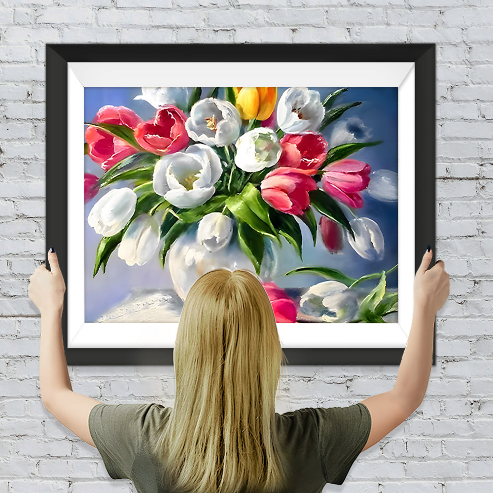 Bunte Tulpen in weißer Vase Diamond Painting